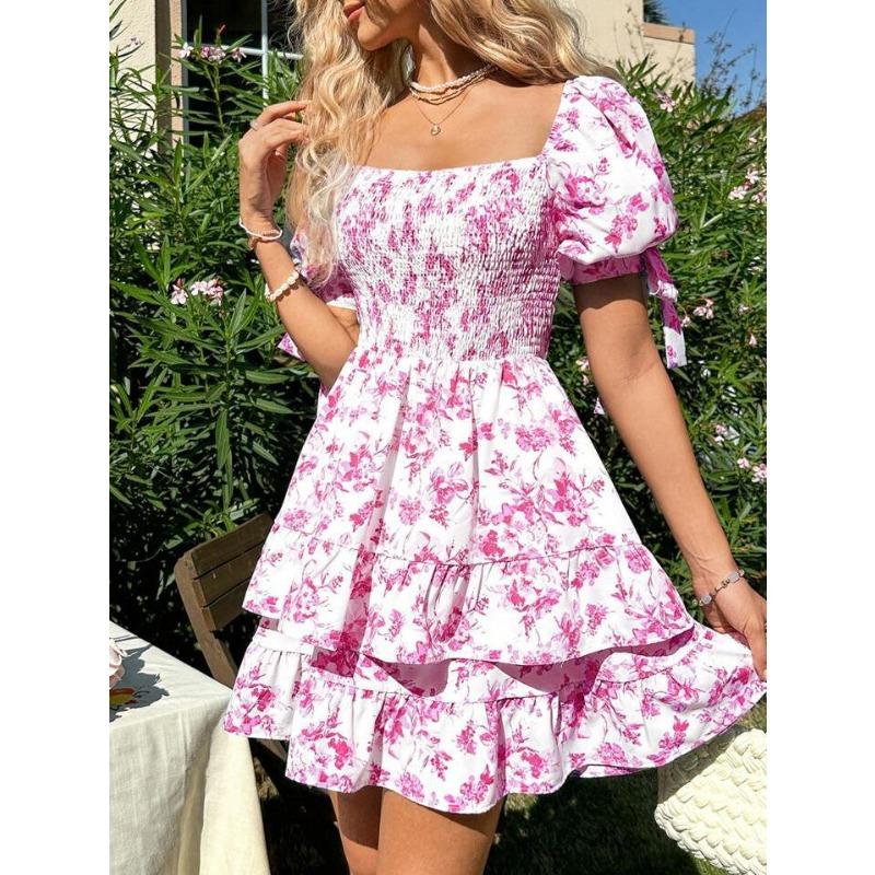 Summer Floral Print Square Neck Ruffled Puff Sleeve Vacation Dress