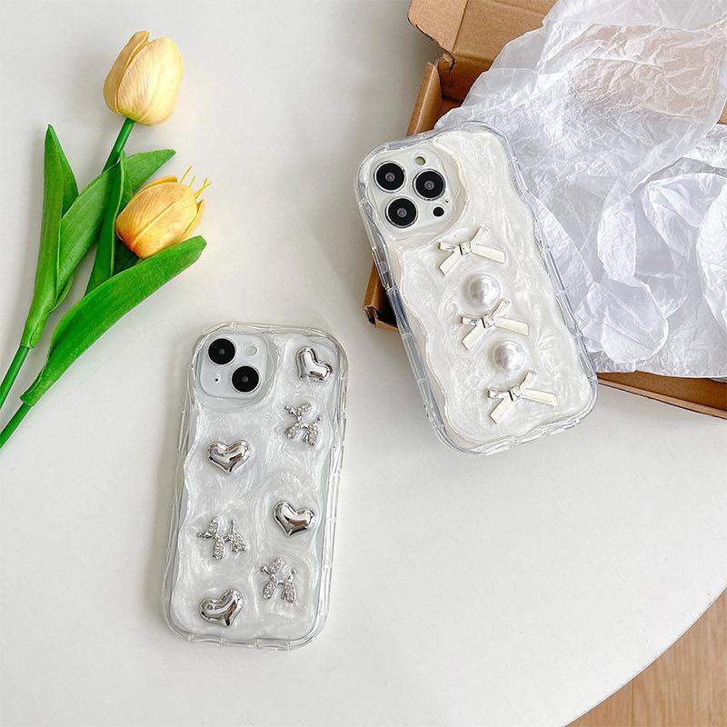 Pearl Bow Cream Ins Style Phone Case for IPhone 17 Pro Max Glitter Resin for IPhone 16 Soft