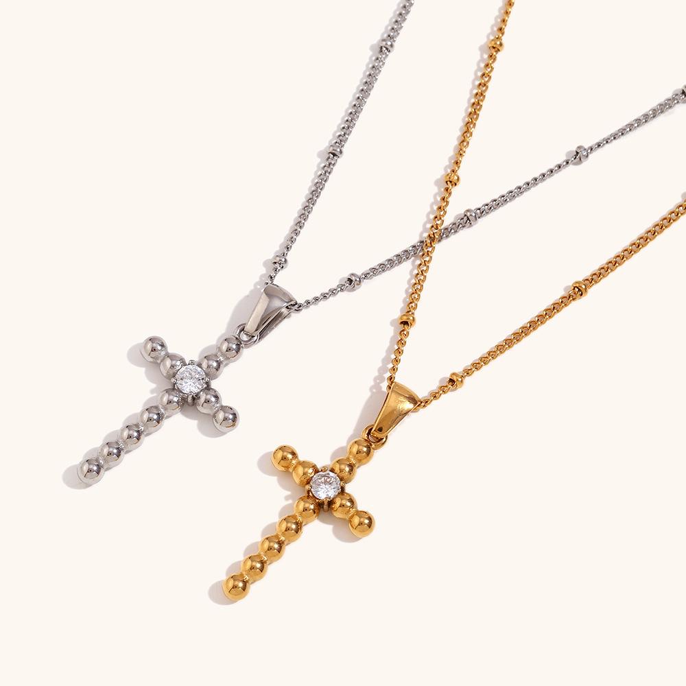 18K Gold Plated Cross Pendant Necklace with Zirconia Beads for Women