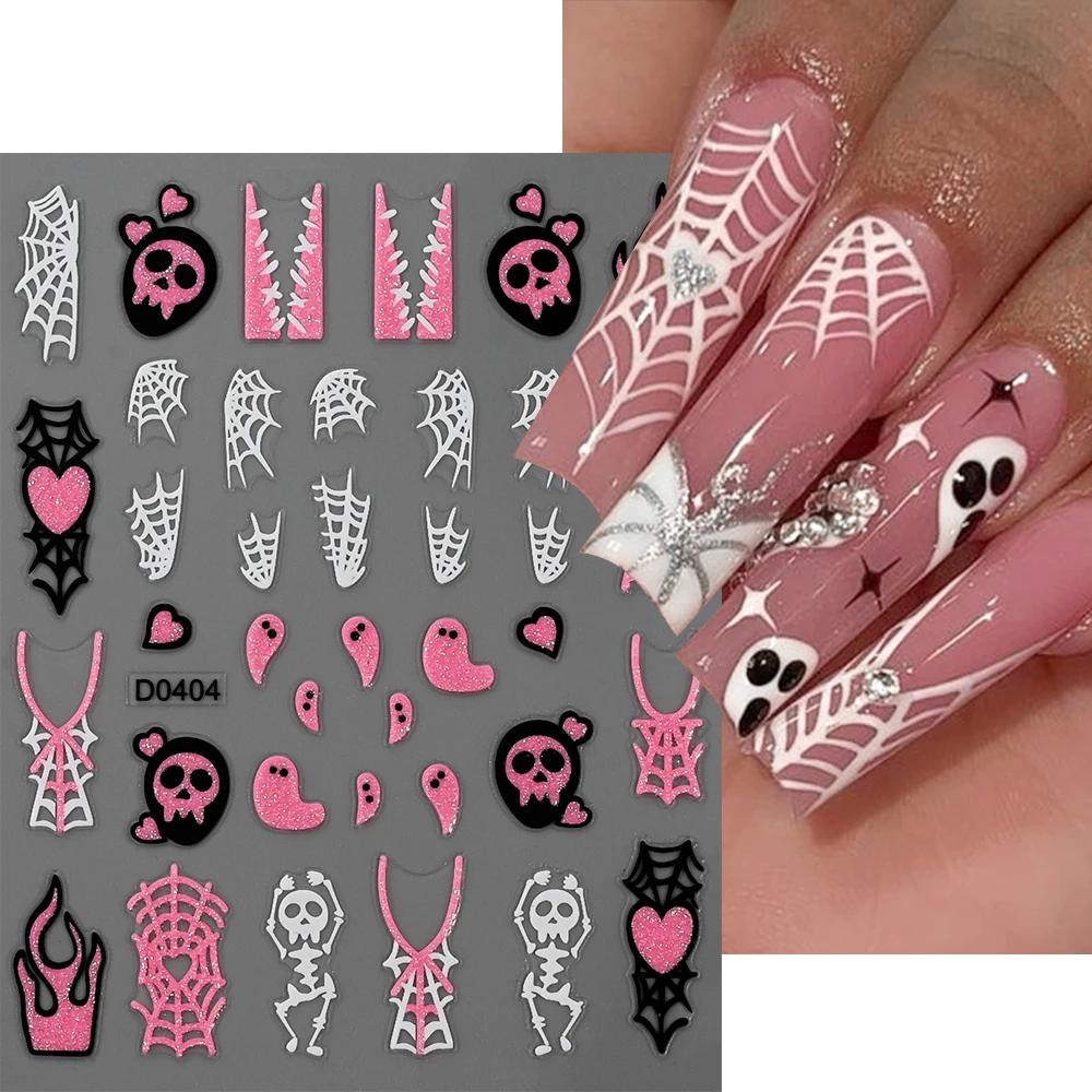 Pink Glitter Powder Skull Halloween 3D Nail Sticker 10X8cm Ghost Bat Spider Web Style Nail Decals DIY Winter Manicure Decoration