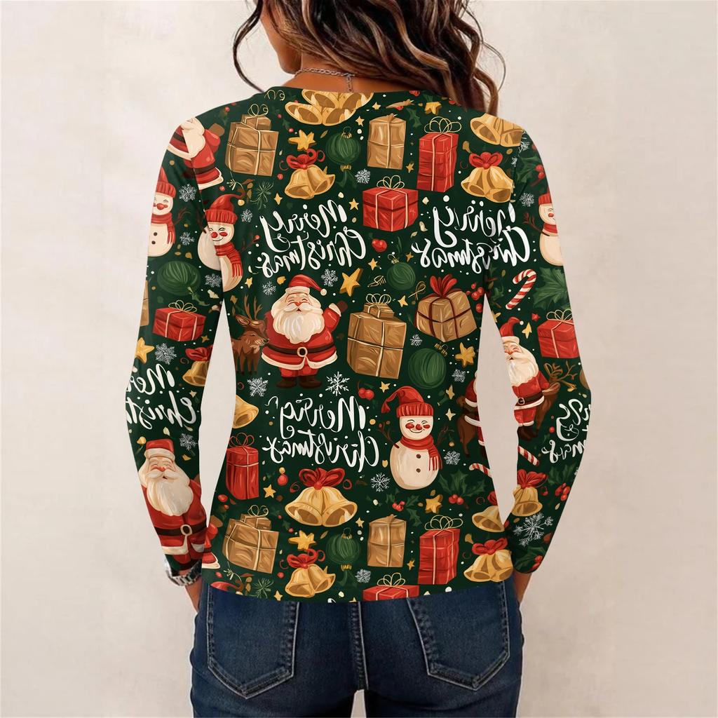 Women's Christmas Print Long Sleeve Neck Pullover Top