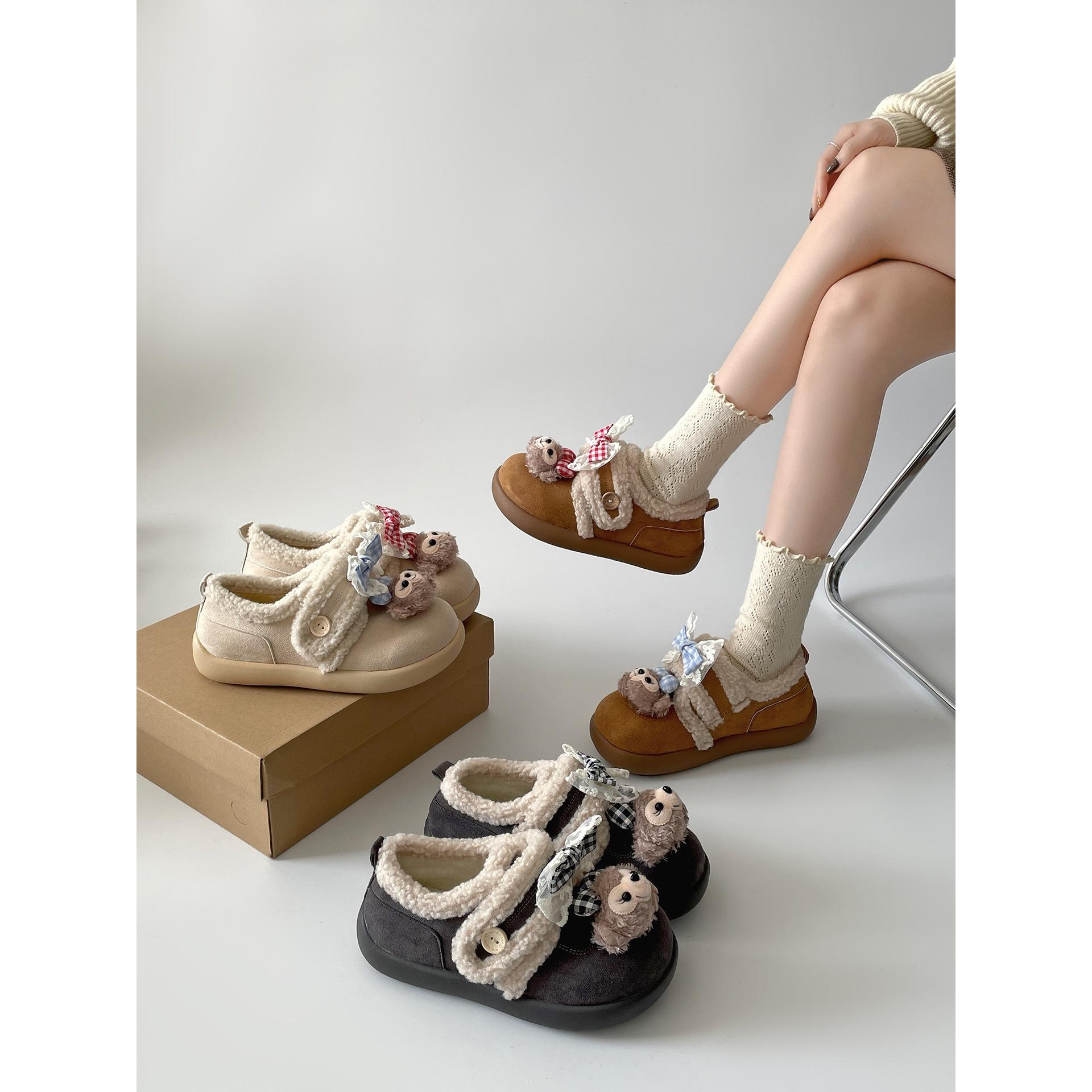 Retro cartoon cute thick-soled velvet snow boots 2025 new winter wear warm Birkenstock cotton shoes 35