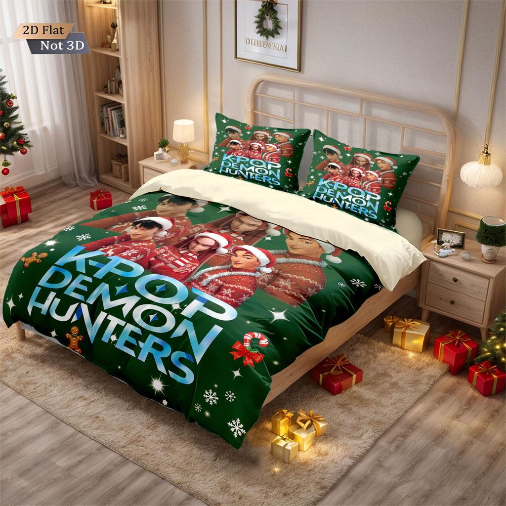 3pcs Christmas K-Pop Demon Hunters Print coreless Bedding Set Soft Dormitory Bedroom Multiple Sizes Machine Washable