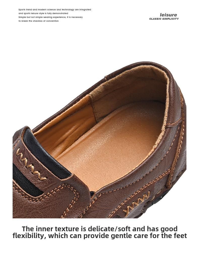 Men's Leather Slip-On Casual Loafers - Hand-Stitched, Flat, Low-Top, Large Size