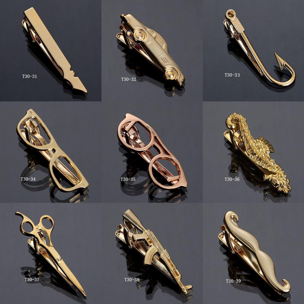Herren Krawattennadel Kollektion: Goldene Brille, Schlüssel, Anker, Blätter, Schnurrbart, AK, Saxophon, Angelhaken, Pfeife, Kugel, Kragenclips