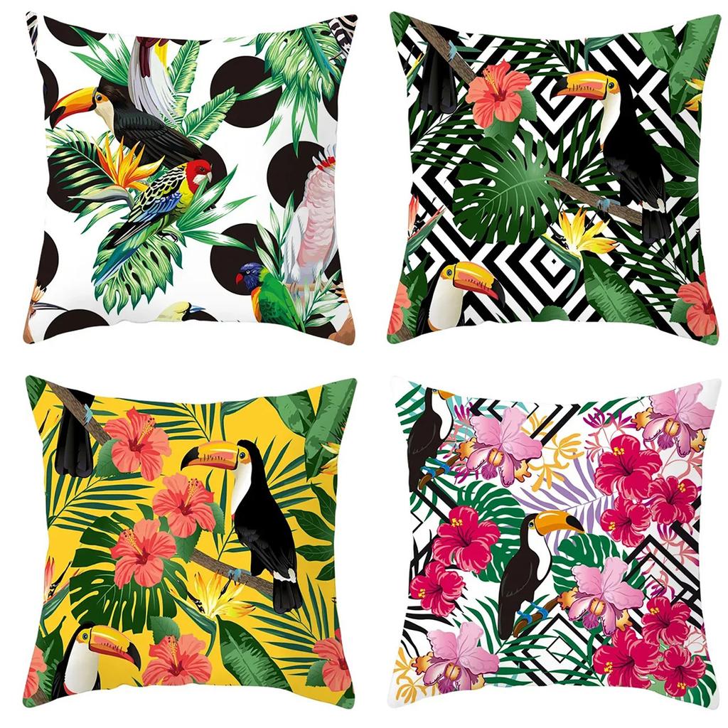 Home Decor Tropical Toucans & Floral Patterned Pillow Covers Pattern Cushion Cover Suitable for Sofa Bedroom Car Pillow Cover