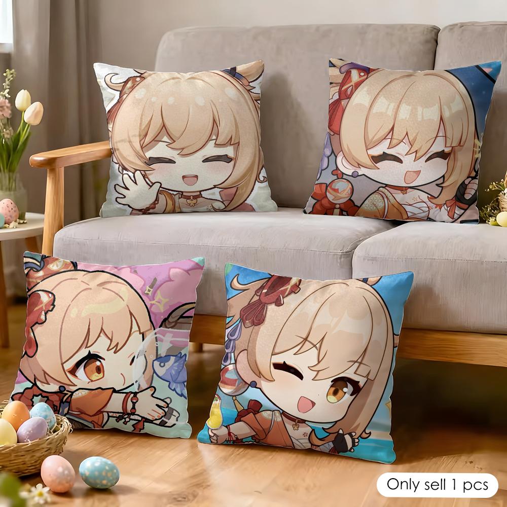 Yoimiya Cute Genshin Impact Cushion Cover Silky Short Plush Invisible Zipper Dustproof Sofa Pillow Case For Home Decor