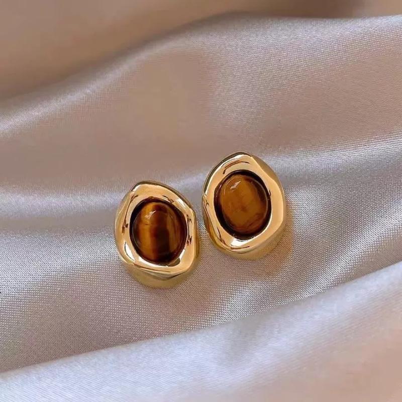 Vintage Brown Resin Tiger Eye Stone New Earrings For Women Statement Fashion Stud Earring Personality Melard Color Jewelry