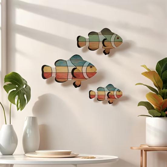 3 Pcs Wooden Tropical Fish Wall Art Coastal Hanging Clownfish Wall Decor Nautical