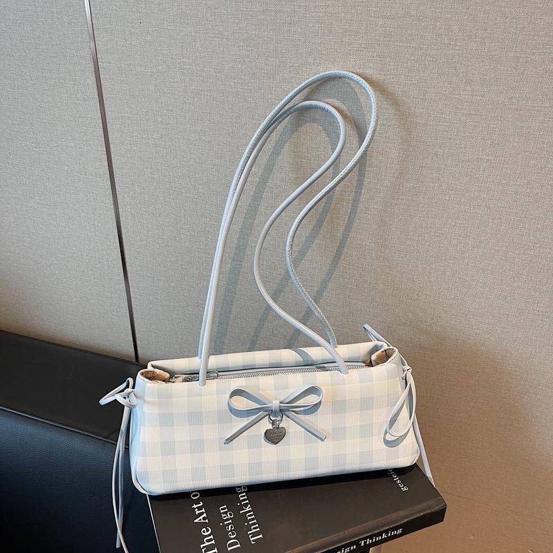 Bow small bag women's summer new fashion plaid baguette bag summer simple commuter shoulder bag