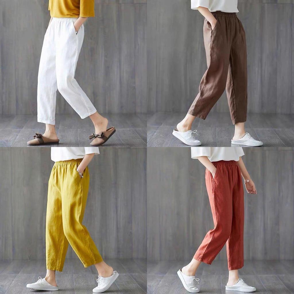 Cotton Linen Casual Female Pants Korean Style Loose Tapered Long Pants For Women