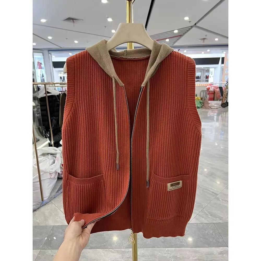 Korean Spring Autumn Hooded Vest Female Loose Knit Cardigan Wild Short Casual Sleeveless Knitting Female Waistcoat Top