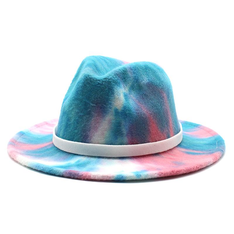 Ji Nan Ladies Tie-Dyed Rainbow Wool Top Hat, Flat-Brimmed Jazz Hat Felt Hat