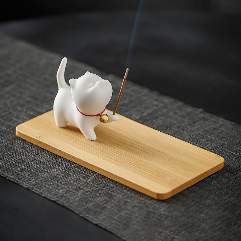 Cute Cat Incense Burner Stick Holder Mini Lovely Cat Incense Burner With Bamboo Mat Home Decor Tea Pet Tea Ceremony Accessories