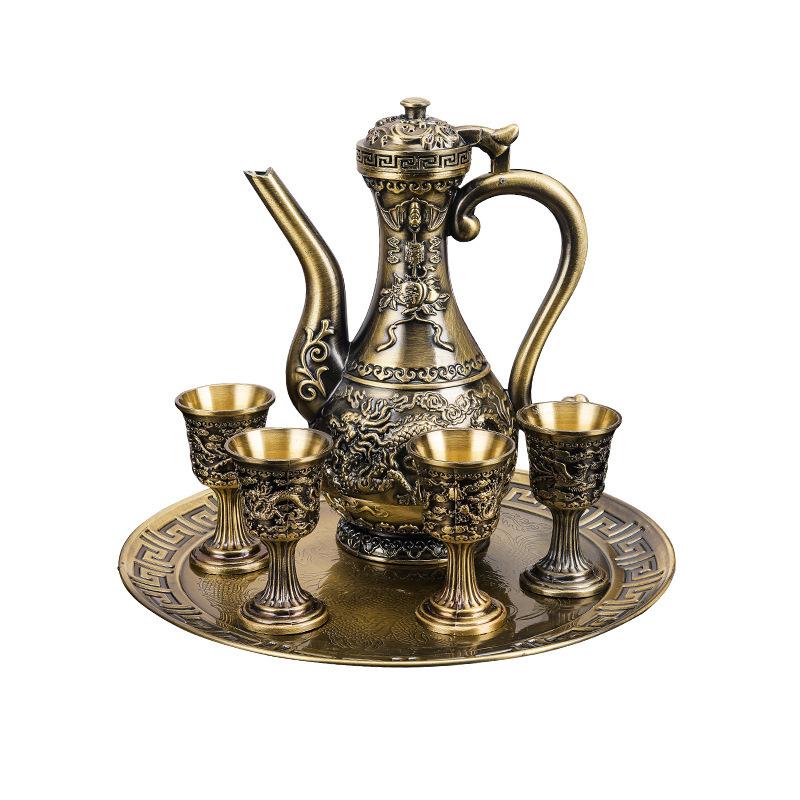 6 Pcs Set Dragon and Phoenix Wine Set Tea Pot Home Party Decorative With 4 Cup Set Coffee Tea Serving Pot With Round Shaped Tray