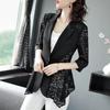 Elegant Work Blazer Coats for Women  Spring Summer Fashion Lace Notched Collar Slim Coat   Black Casual Women's Jacket