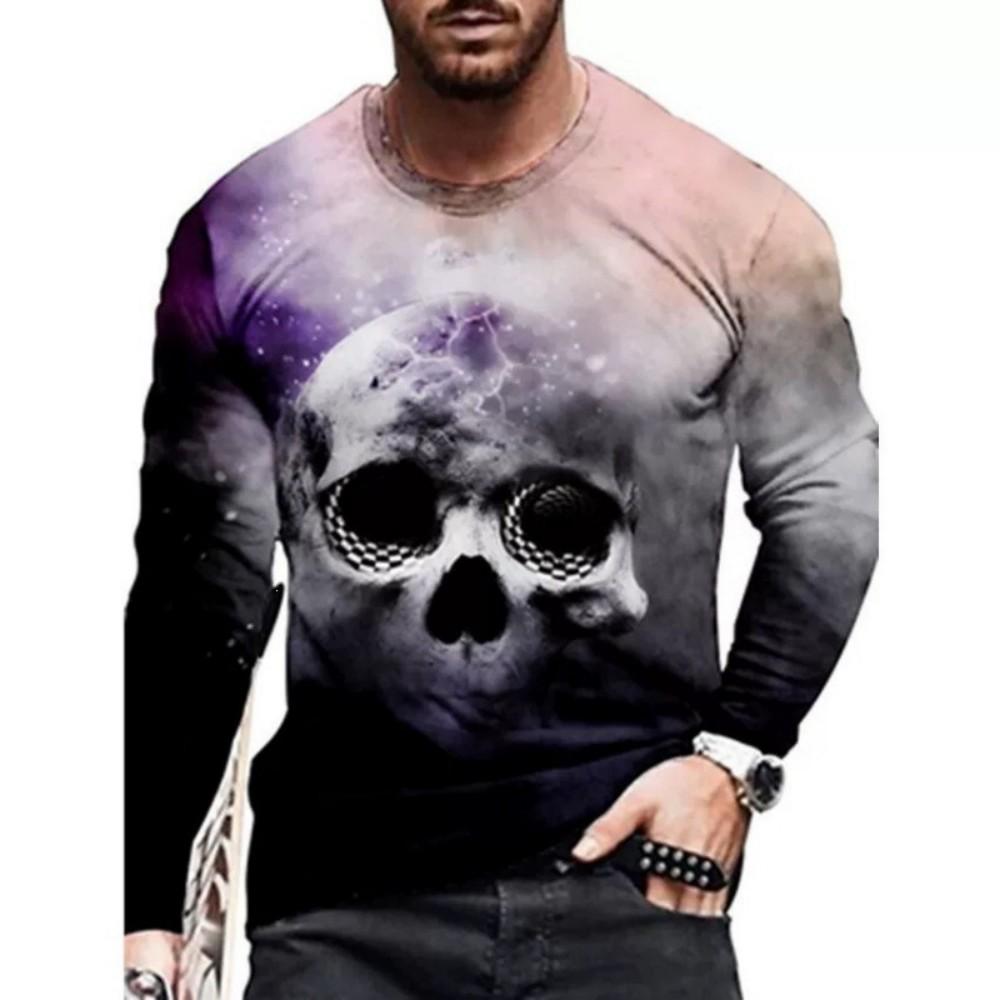 Edgy Skull Graphic Long Sleeve T-Shirt, Cool Streetwear Top for Men