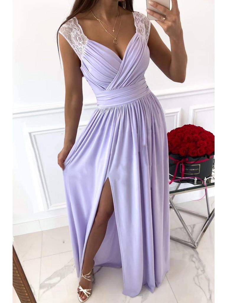 V Neck Lace Solid Color Dress Waist Hugging Overlapping Elegant Pleated Dress for Women Sleeveless Loose Dresses Causal Dress