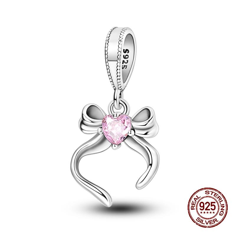 Copper Pink Zircon Heartbeat Charms Beads Fit Pandachoriginal Bracelets Diy Fine Jewelry Valentine'S Day Gifts