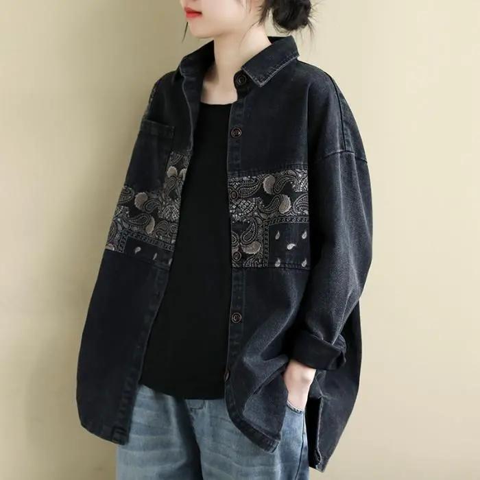 Siyah Bol Uzun Kollu Denim Gömlek Kadın İlkbahar Yaka Dikiş Baskılı Günlük Denim Ceket Kadın Sonbahar Dış Giyim Üstler Büyük Beden