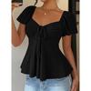 2026 Summer New V-neck Drawstring Tie Sexy Short Sleeve Solid Color Women's T-shirt