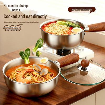 Thickened Stainless Steel Ramen Pot with Glass Lid and Wooden Handle – Versatile Soup and Rice Noodle Bowl