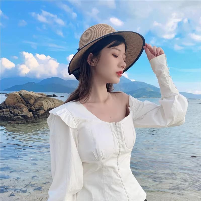 Small Straw Hat Women's Summer Seaside Beach Hat Vacation Versatile Small Fresh Bow Sunscreen Visor
