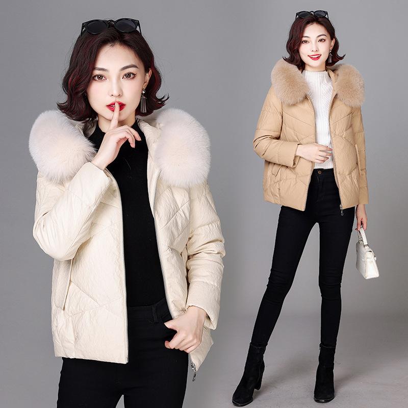 

Зимнее пальто из натуральной кожи, женское короткое корейское пальто, большой свободный лисьий воротник 90, пальто на белом утином пуху, утолщенное пальто