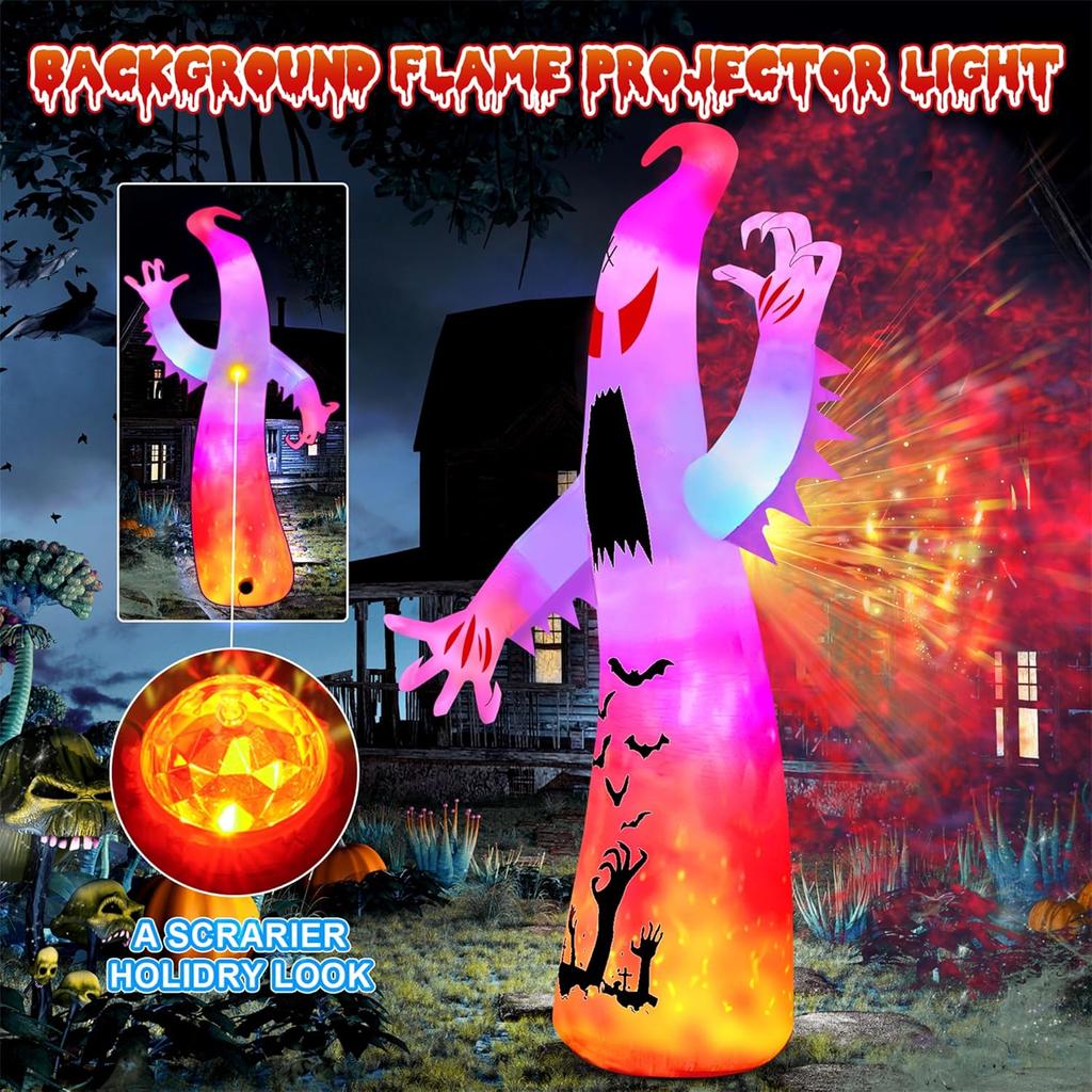 JOYFY 12Ft Giant Ghost Halloween Inflatable Outdoor Decorations with Colorful Flashing Flame Light for Garden/Home/Holiday/Party