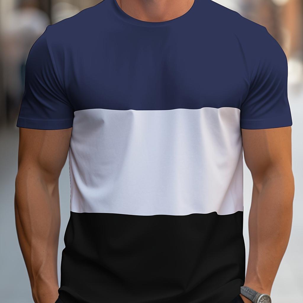 Men's Contrast Color Stripe Pattern Print T-shirt With Crew Neck And Short Sleeve, Casual And Comfy For Summer Leisurewear