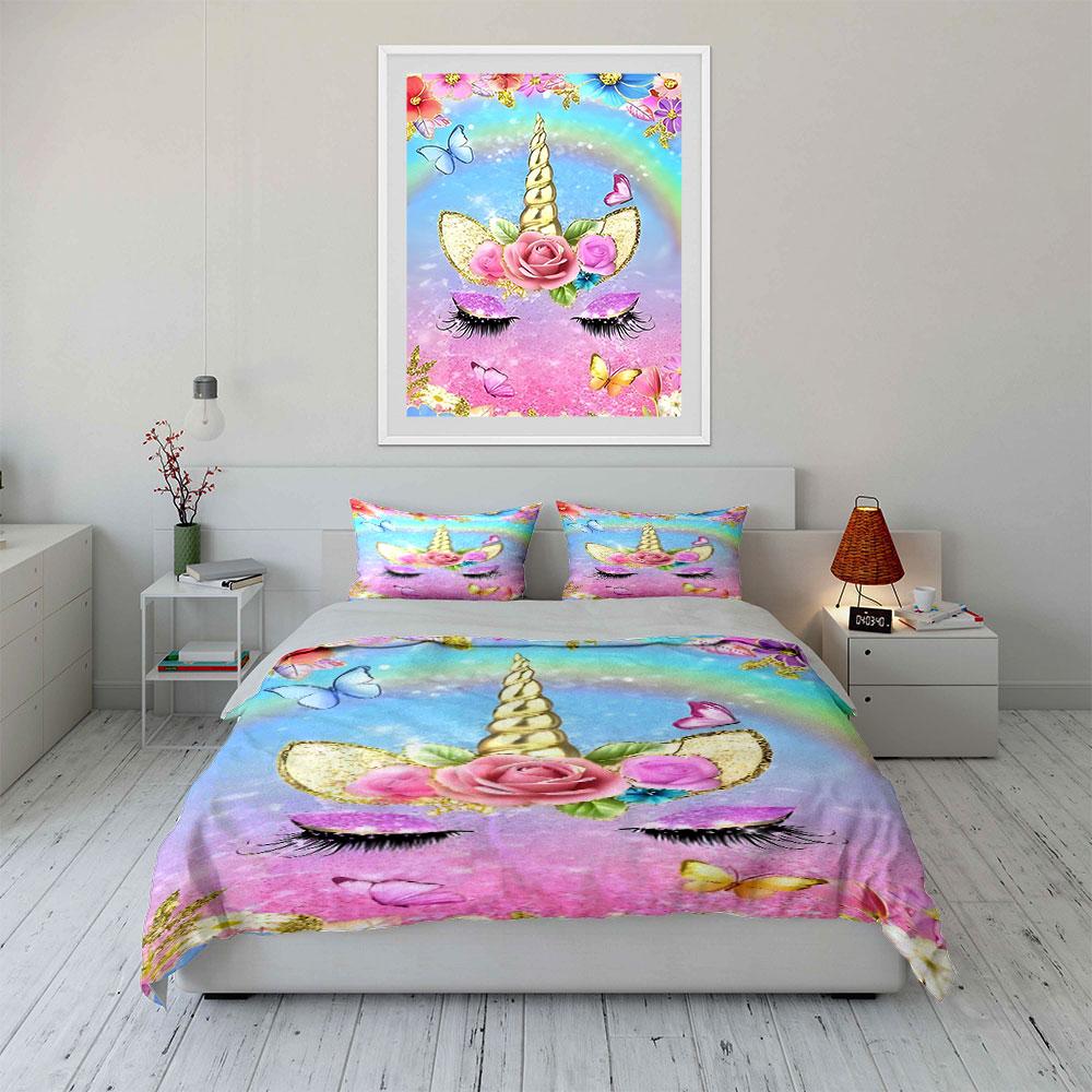 3Pcs Glitter Floral Unicorn Face Duvet Cover Set Rainbow Pastel Girly Bedding Includes 1 Duvet Cover And 2 Pillowcase Gift