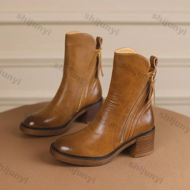 Fashion Women's Platform Chelsea Boots New Round Toe Chunky Heel Women Brown Ankle Boots Outdoor High Heel Leather Boots Zapatos Mujer