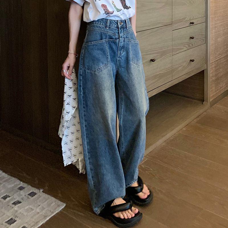 Women s High-Waisted Retro Wide-Leg Jeans with Patch Pockets Small