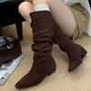 Suede Women Chunky Knee High Boots Mid Heels Fashion Walking Shoes  Winter New Trend Goth Casual Woman Chelsea Long Botas