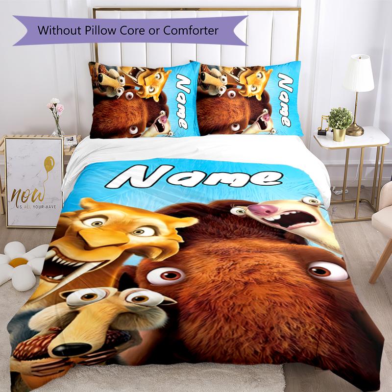 Juego de Ropa de Cama con Nombre Personalizado de Dibujos Animados Ice Age: El Origen de los Dinosaurios, Cierre de Funda Nórdica, Incluye 1 Funda Nórdica y 2 Fundas de Almohada para Todas las Estaciones, Dormitorio