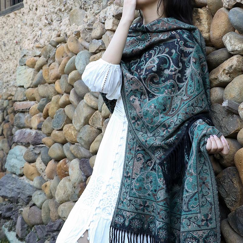 Ethnic Style Cashew Pattern Shawl Cloak Scarf: Imitation Cashmere, Thick, Dual-Purpose Women's Accessory for Autumn/Winter