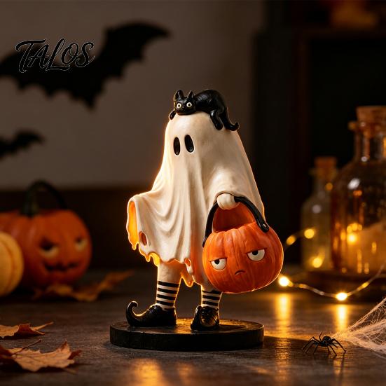Small Statue for Mantels Cute Ghost Statue, Resin Black Cat Holding Pumpkin Bucket Ornament, Halloween Figurine Home Holiday Party Table Mantel
