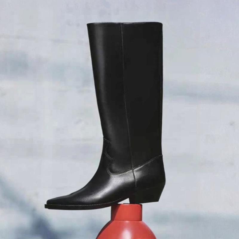 Luxury Designer Knee Boots Women Sexy Black Pointed Toe Sewing Chunky Heel Platform Boots Comfortable Soft Leather Long Boots