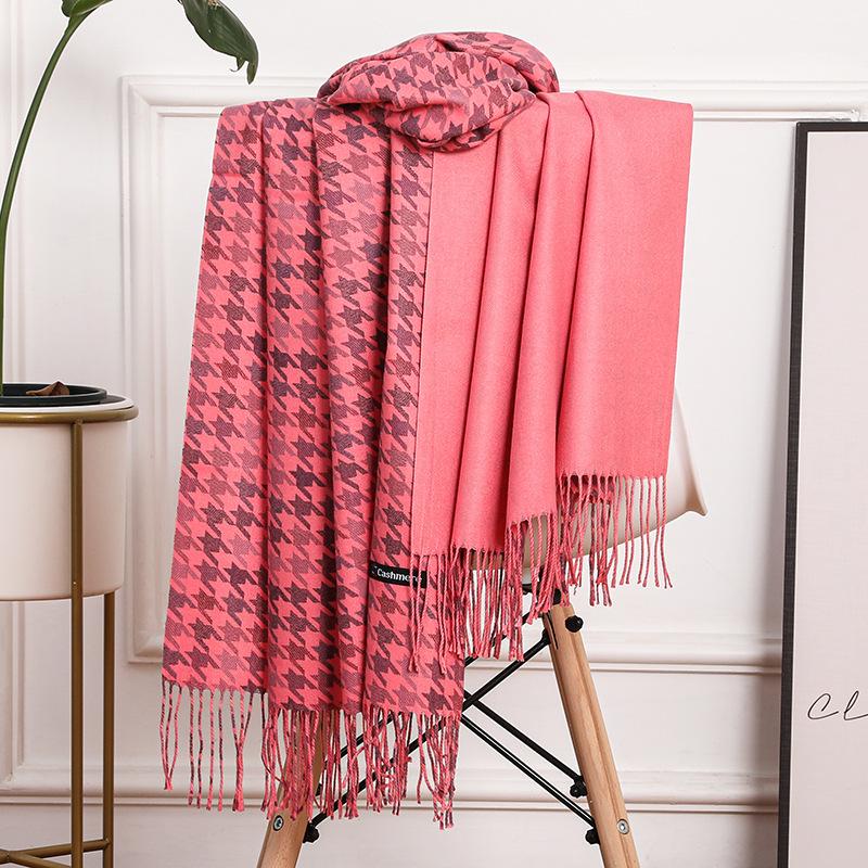 Double-Sided Houndstooth Scarf for Women & Men - Winter Wool Imitation Cashmere Shawl 200*70cm розовый