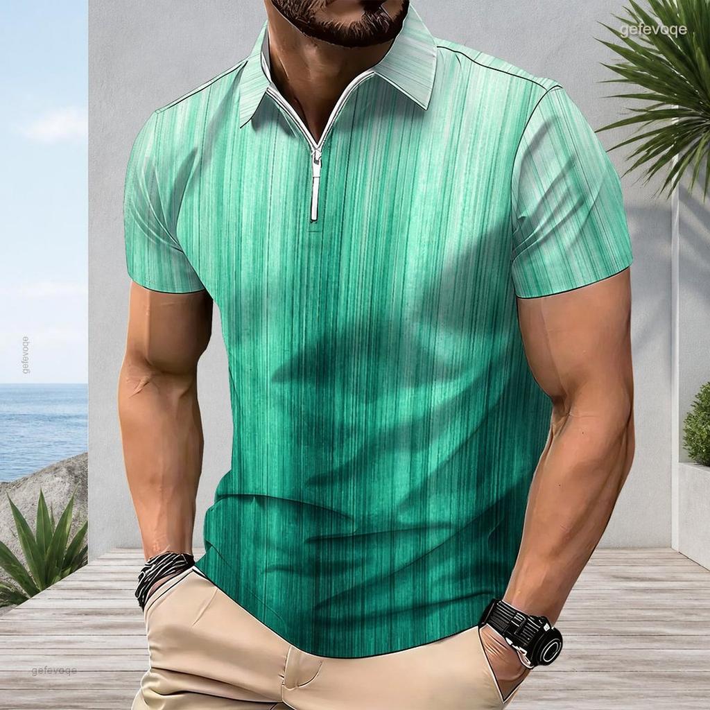 Men s Plus Size Short Sleeve Collared Quarter Zip Polo Shirt Marble Print Blue Brown White