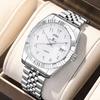 RICECGO  White Dial Arabic Watch for Men Dual Calendar DayFunction Silver Steel Band Luxury Minimalist Quartz Wristwatch