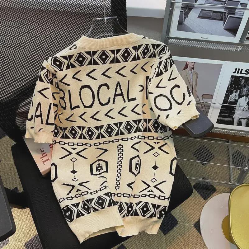 Men's 2023 Trendy Slim Fit Knitted Jacquard T-shirt: Ice Silk, Round Neck, Short Sleeve, Fashionable Letter Design