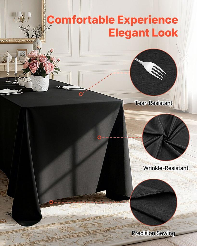 Black Tablecloths for Rectangle Tables, 6 Pack, 70 x 120 Inches, Reusable and Machine Washable Table Clothes, Wrinkle-Resistant Polyester Fabric Table
