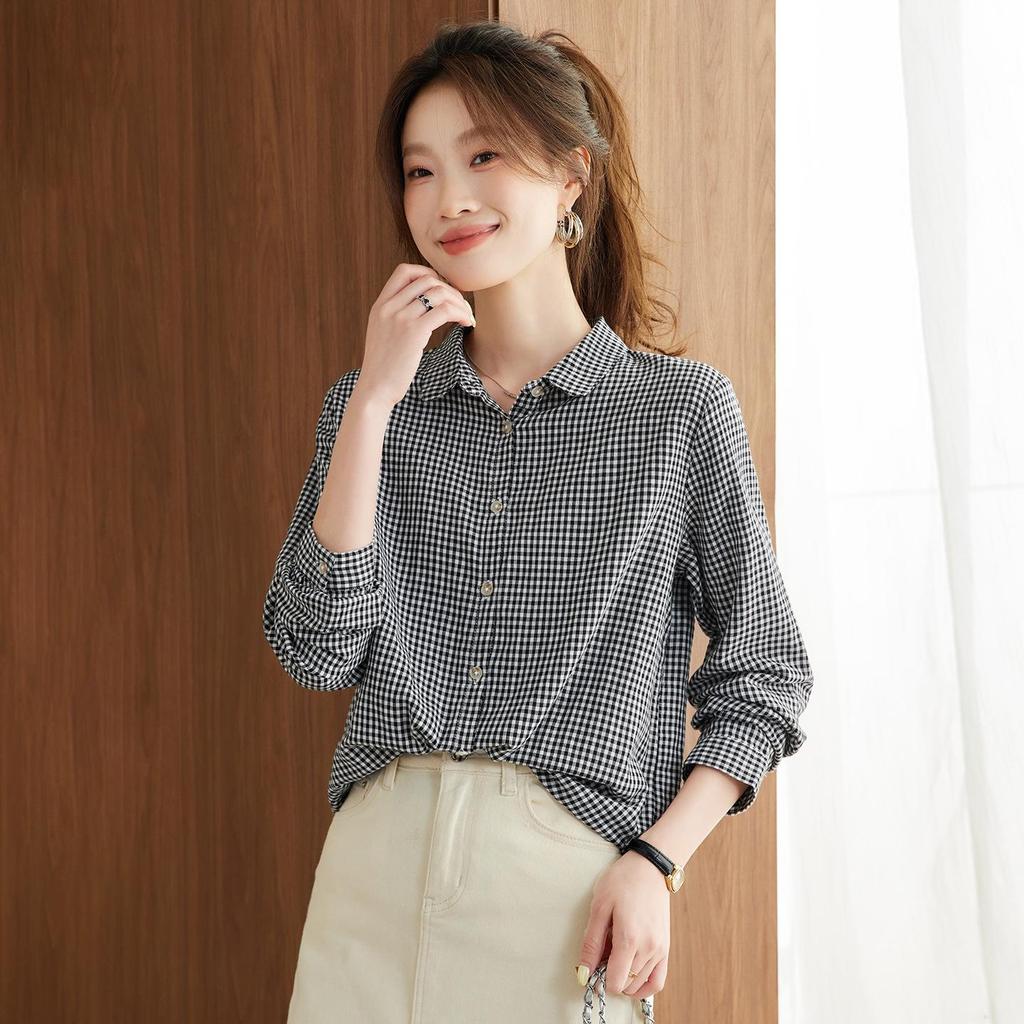 Vintage Damska Bawełniana Koszula w Kratę z Długim Rękawem - Wiosenno-Jesienny Casualowy Top do Warstwowania