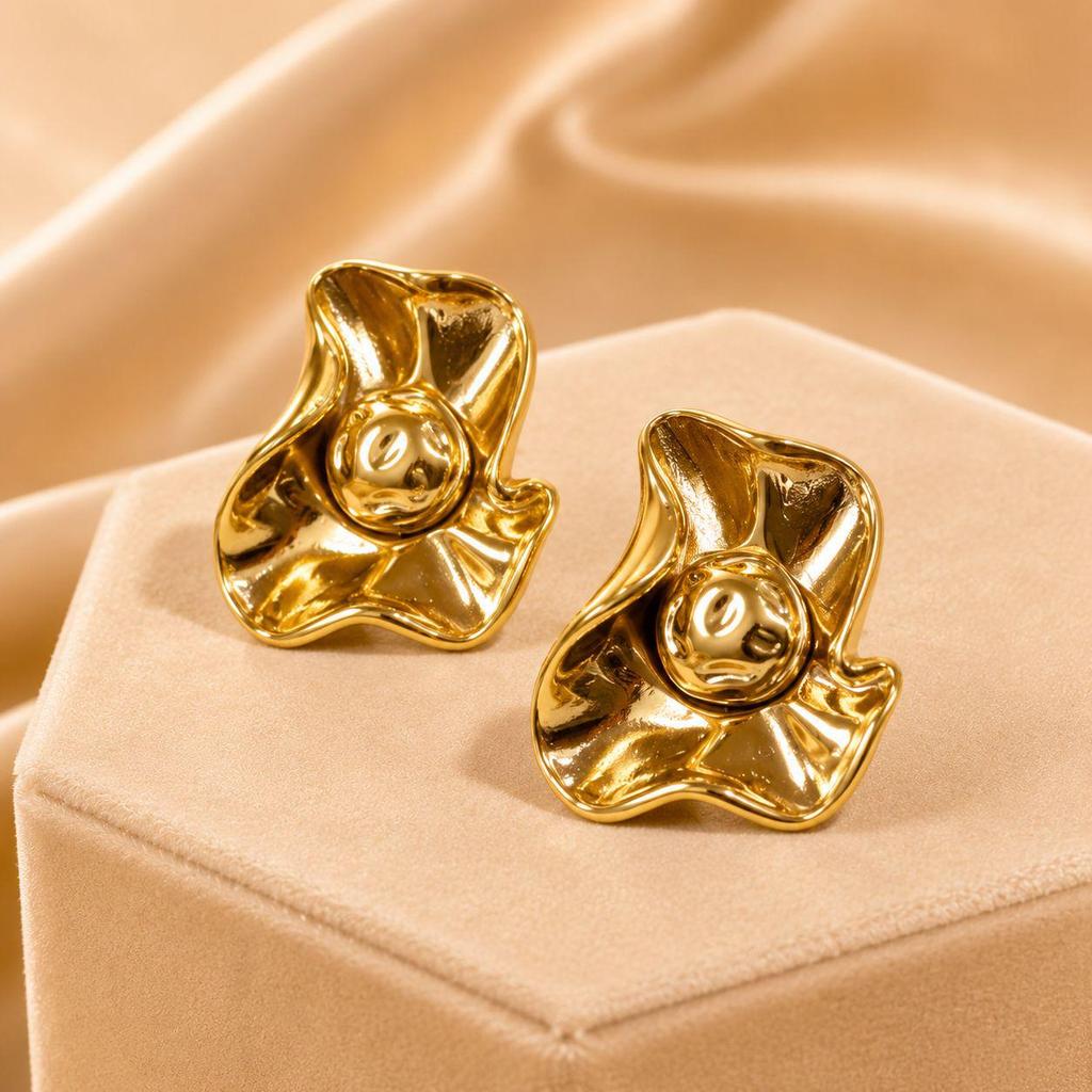 Gold-Toned Irregular Flower Stainless Steel Earrings - Chic, Elegant & Unique Design