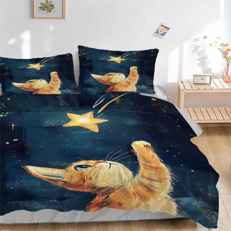 

3Pcs Celestial Kitty Printed Bedding Set, Breathable And Soft,(Includes 1 Duvet Cover And 2 Pillowcases, Quilt Not Included) yy250815190 135x200cm