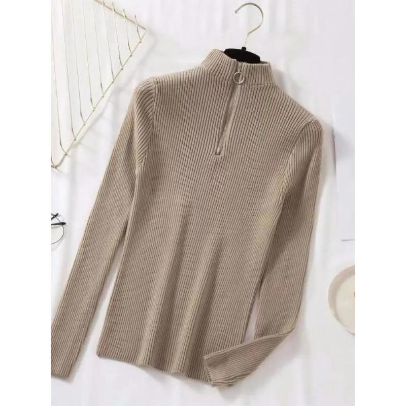 Women Fashion Solid Knitted Sweaters Vintage Long Sleeve Zip-up Basic Half Turtleneck Sweater Female Pullovers Chic Casual Tops