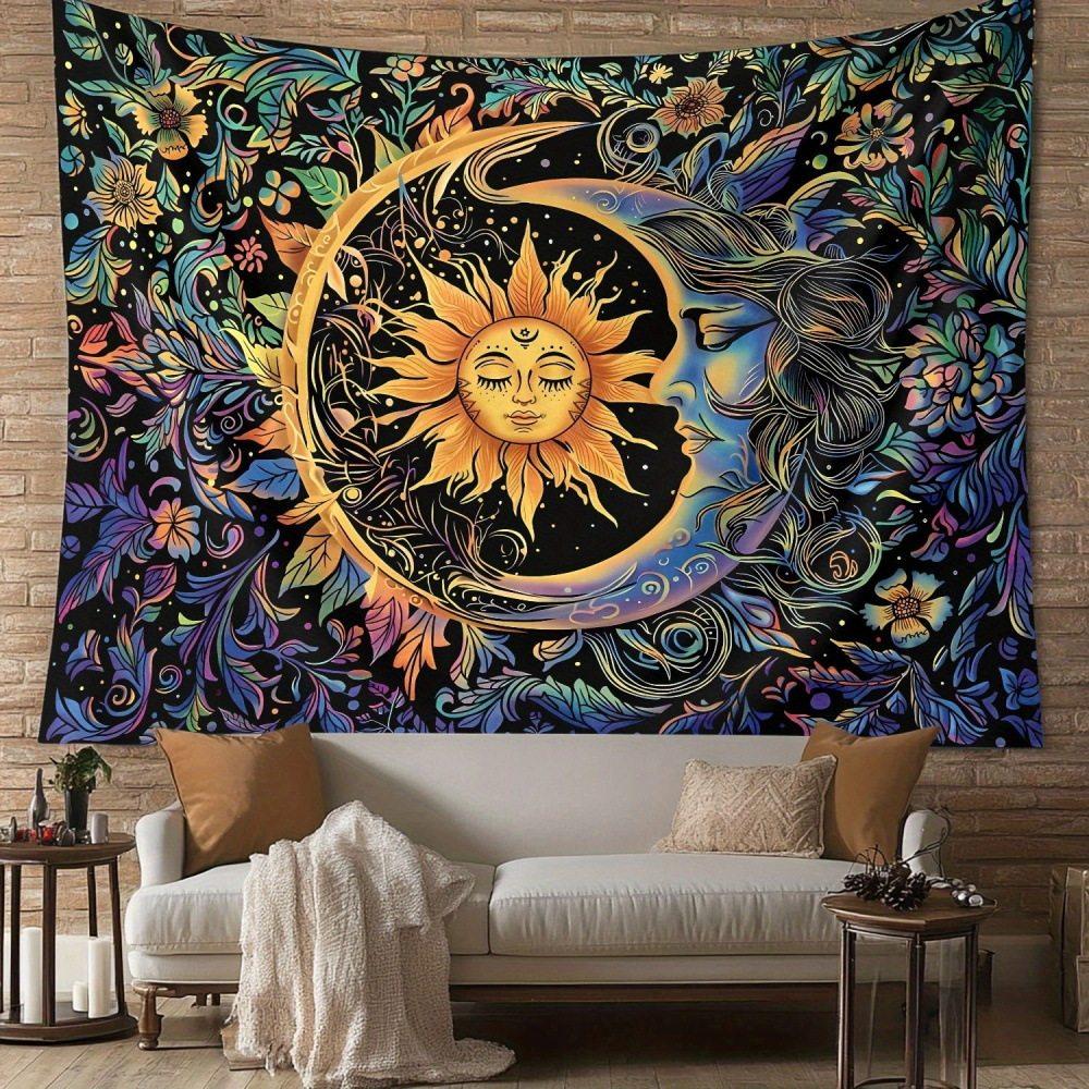 Bohemian Sun Moon Mandala Tapestry Psychedelic Floral Wall Hanging for Living Room Bedroom Decor Wall Hanging Tapestry