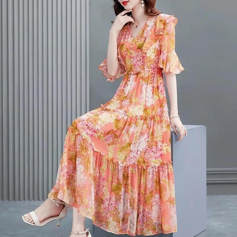 Long Dress Female Summer Loose Thin Waisted Printed Casual Vacation Seaside Skirt