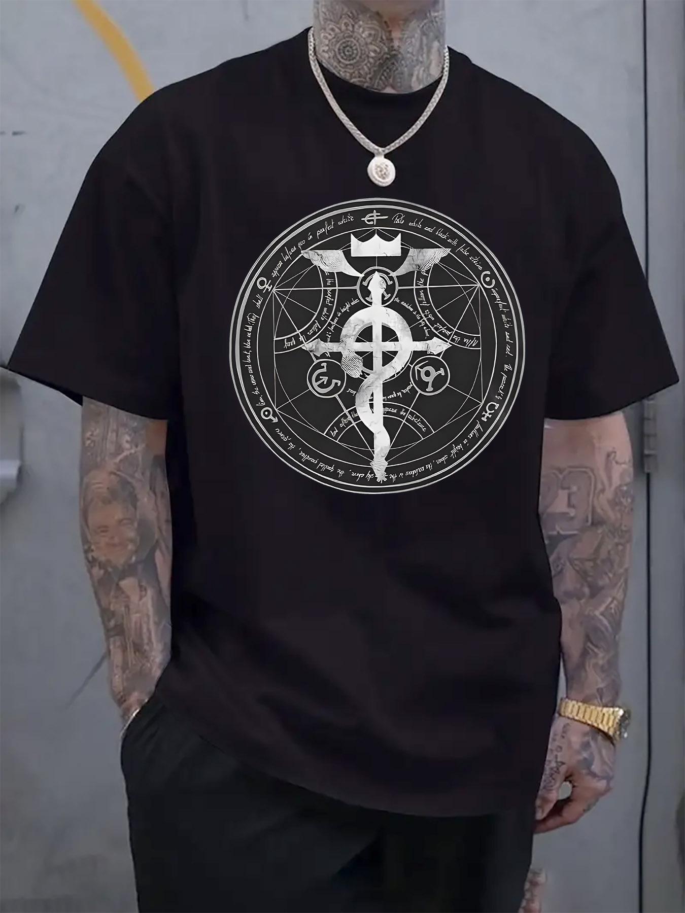 Mystical Runes & Alchemical Symbols Print Black Crew Neck T-shirt - Casual Regular Fit XL